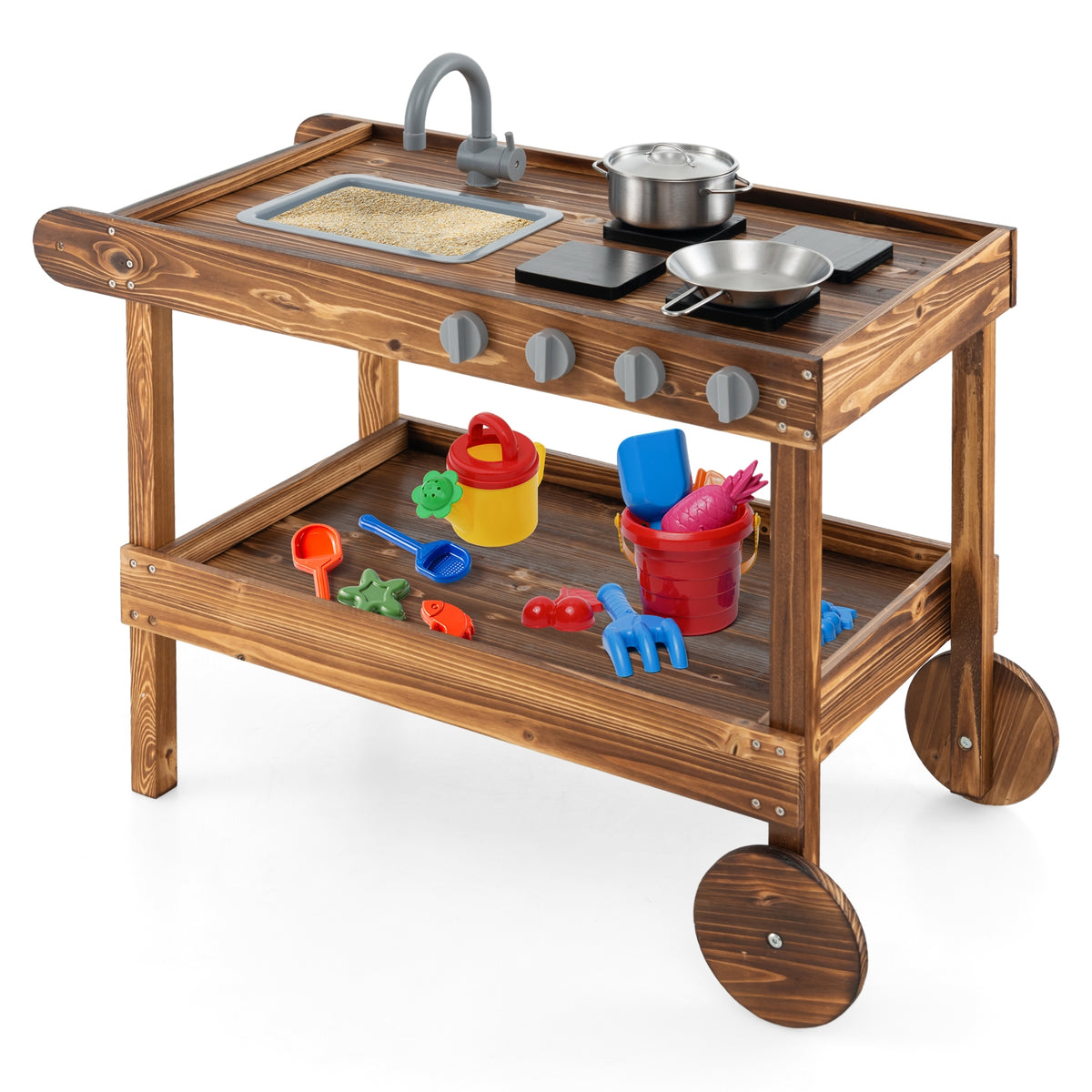 Cuisine de boue mobile d’extérieur avec 2 roues pivotantes et 1 poignée de poussée - Naturel