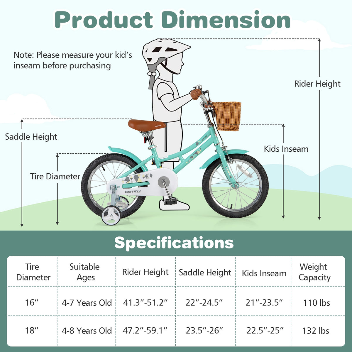 Kids Bike Bicycle with Training Wheels and 2 Brake System Ages 4-7 Years Old