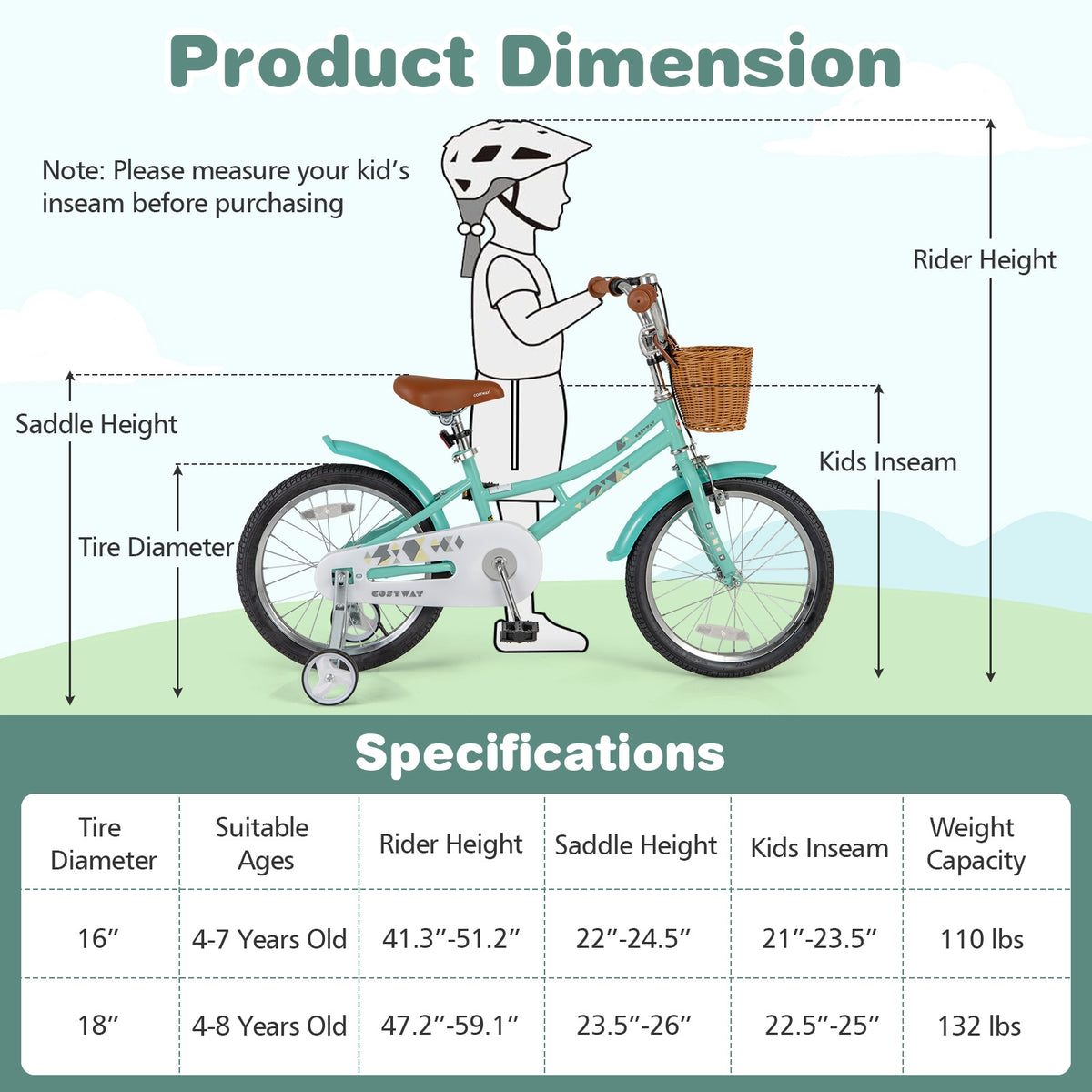 Kids Bike Bicycle with Training Wheels and 2 Brake System Ages 4-7 Years Old