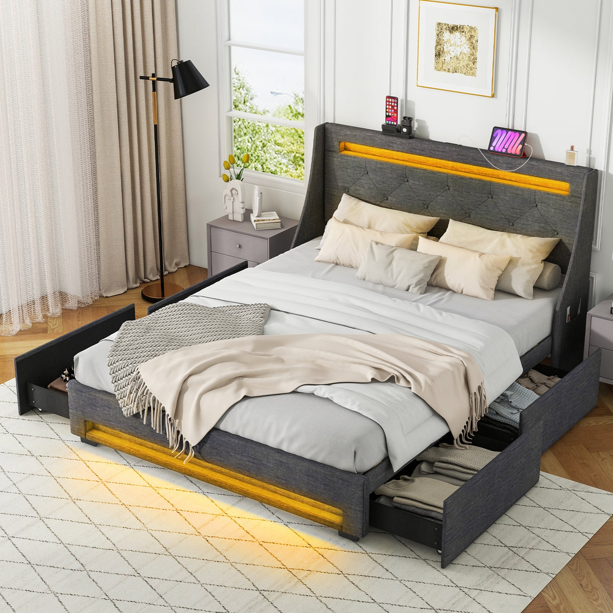 Bed Frame with LED Lights Wingback Headboard and Charging Station-Grey-Simple Bed Frame-DECOROLALA