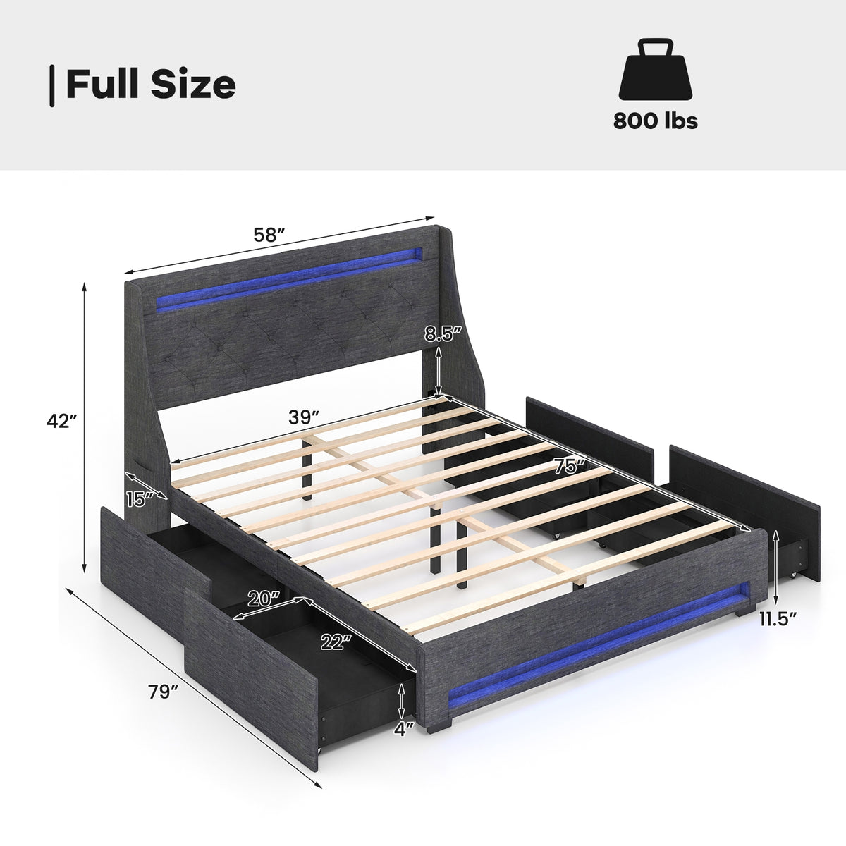 Bed Frame with LED Lights Wingback Headboard and Charging Station-Grey-Simple Bed Frame-DECOROLALA