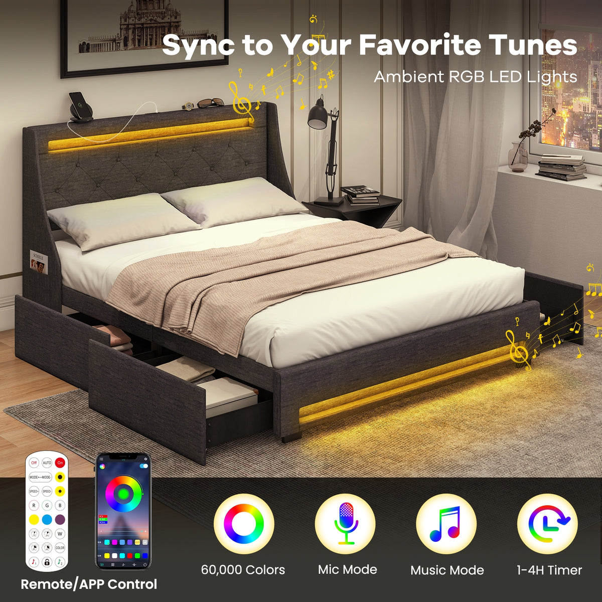 Bed Frame with LED Lights Wingback Headboard and Charging Station-Grey-Simple Bed Frame-DECOROLALA