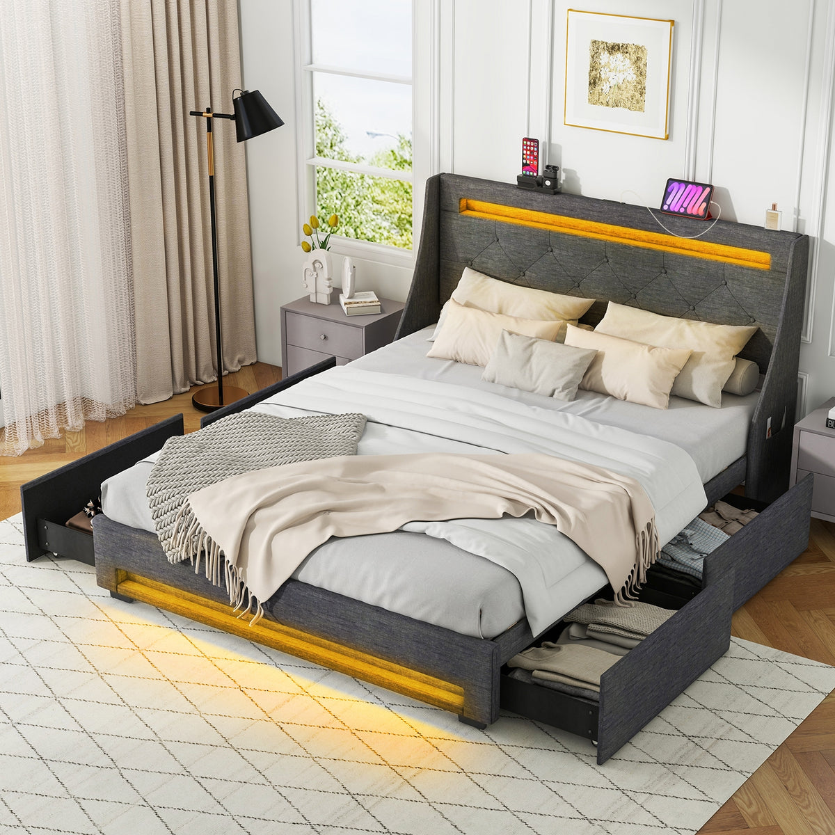 Bed Frame with LED Lights Wingback Headboard and Charging Station-Grey-Simple Bed Frame-DECOROLALA