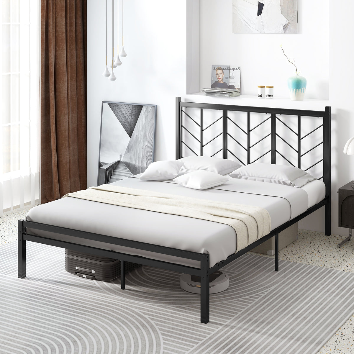 Platform Bed with Headboard and Metal Frame-Simple Bed Frame-DECOROLALA
