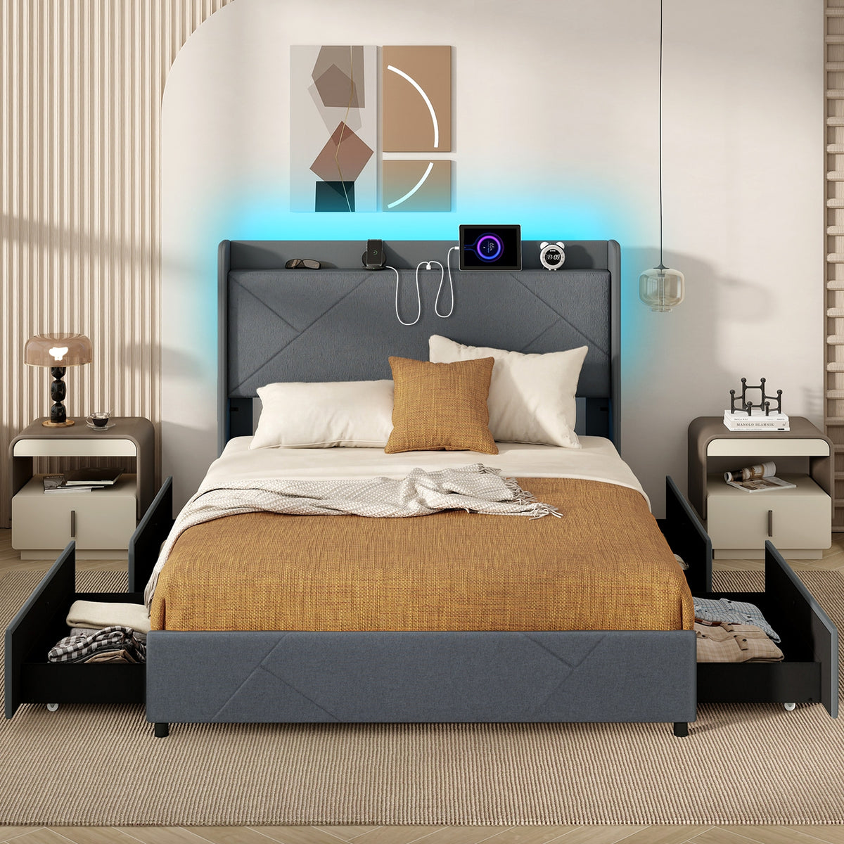 Bed Frame with LED Lights and Charging Station-Simple Bed Frame-DECOROLALA