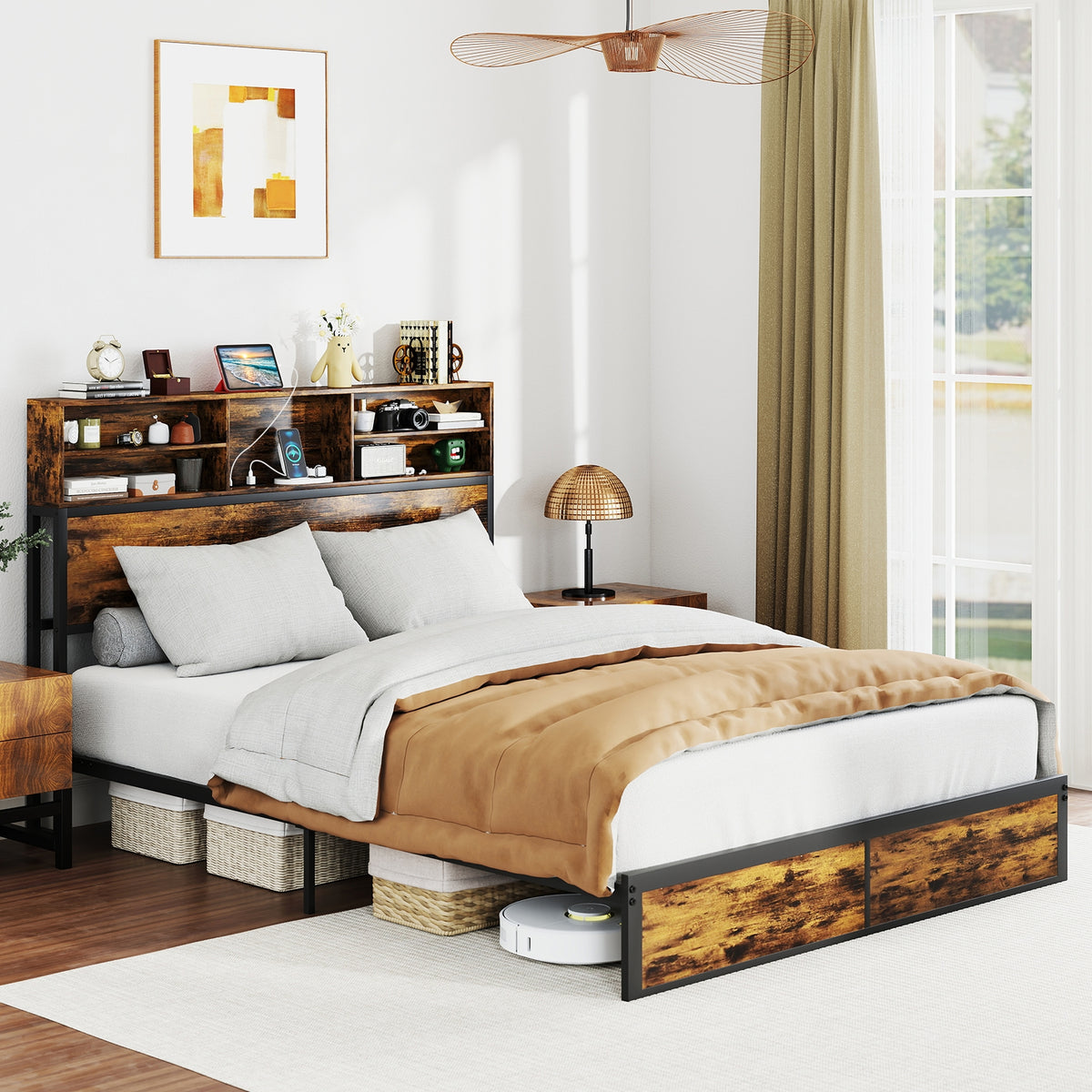 Bed Frame with Storage Headboard Industrial Metal Platform Bed-Simple Bed Frame-DECOROLALA