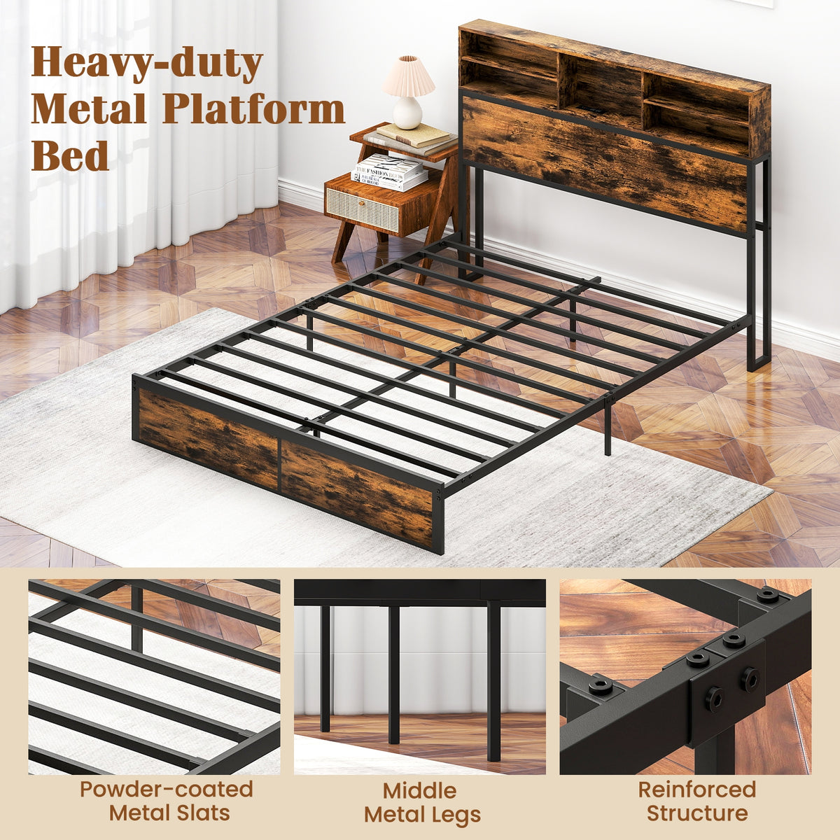 Bed Frame with Storage Headboard Industrial Metal Platform Bed-Simple Bed Frame-DECOROLALA