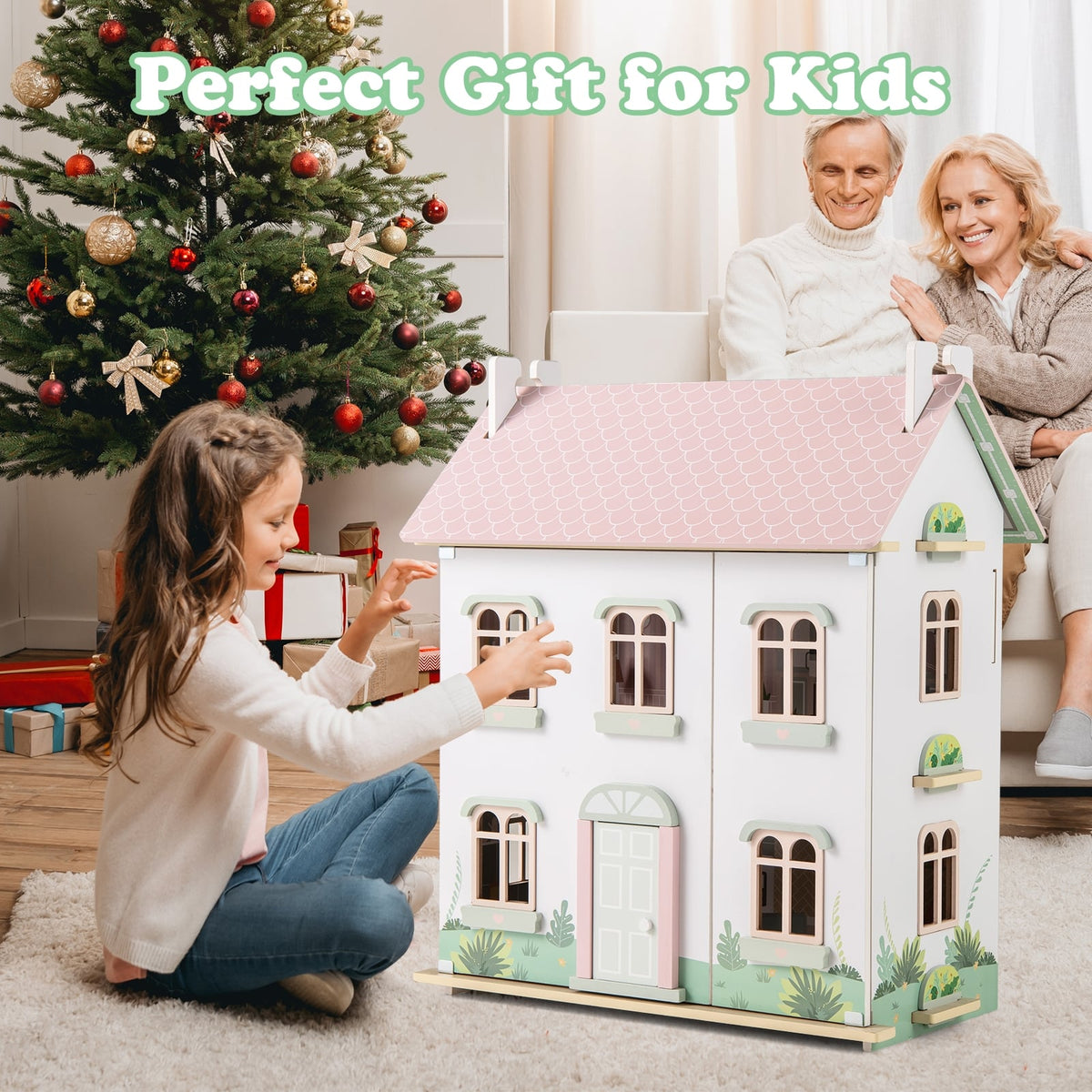 Maison de poupées en bois pour enfants à 3 niveaux avec toits et portes à double face-Rose