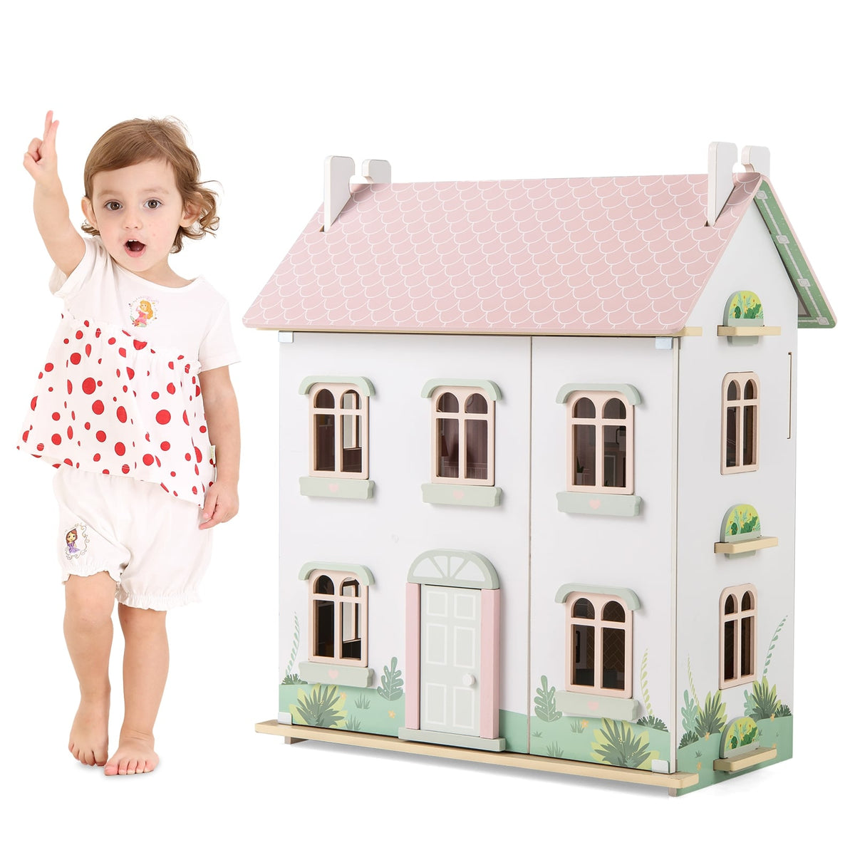 Maison de poupées en bois pour enfants à 3 niveaux avec toits et portes à double face-Rose