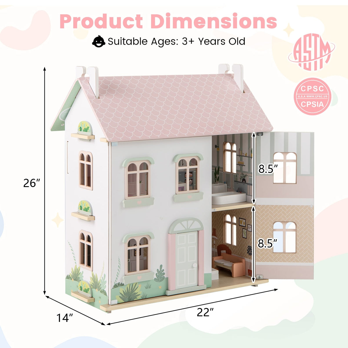 Maison de poupées en bois pour enfants à 3 niveaux avec toits et portes à double face-Rose