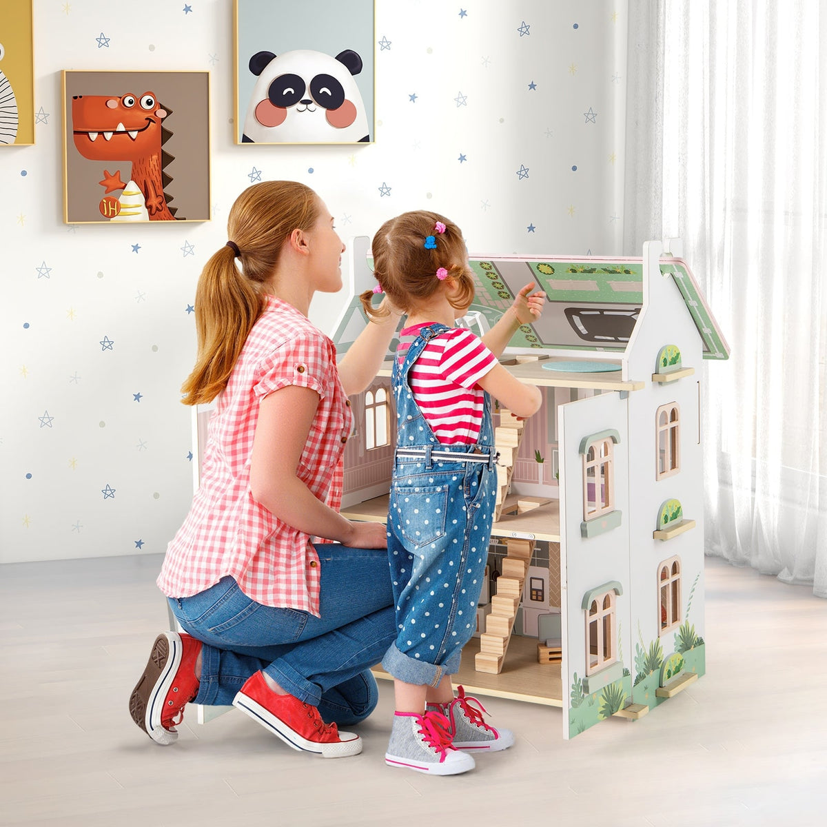 Maison de poupées en bois pour enfants à 3 niveaux avec toits et portes à double face-Rose