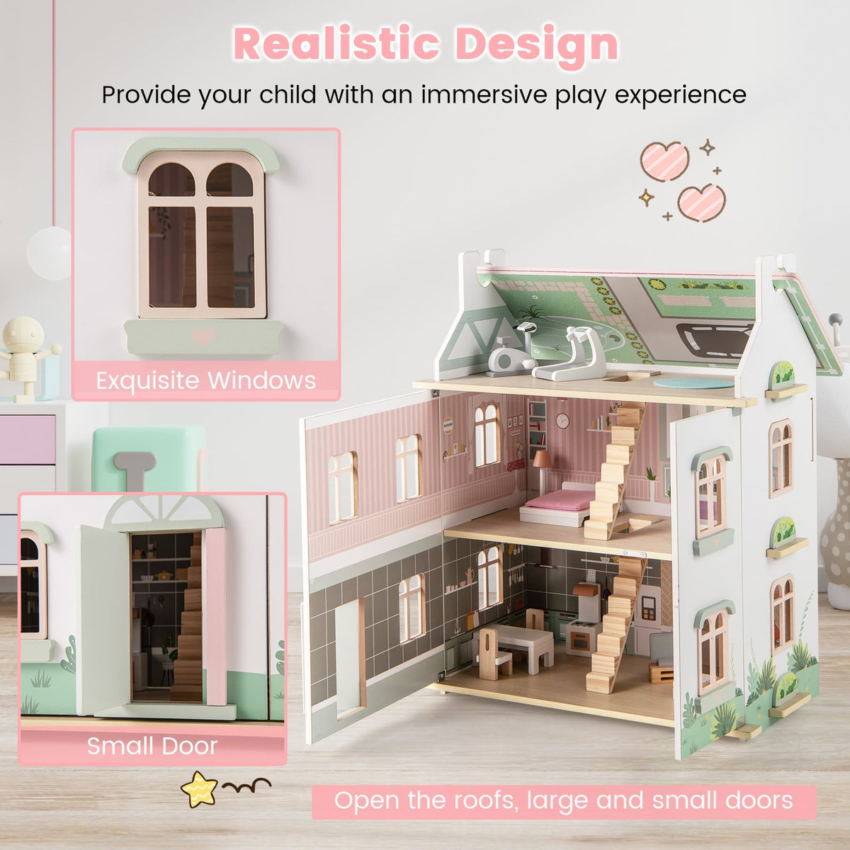 Maison de poupées en bois pour enfants à 3 niveaux avec toits et portes à double face-Rose