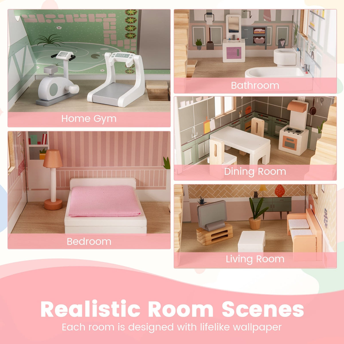 Maison de poupées en bois pour enfants à 3 niveaux avec toits et portes à double face-Rose