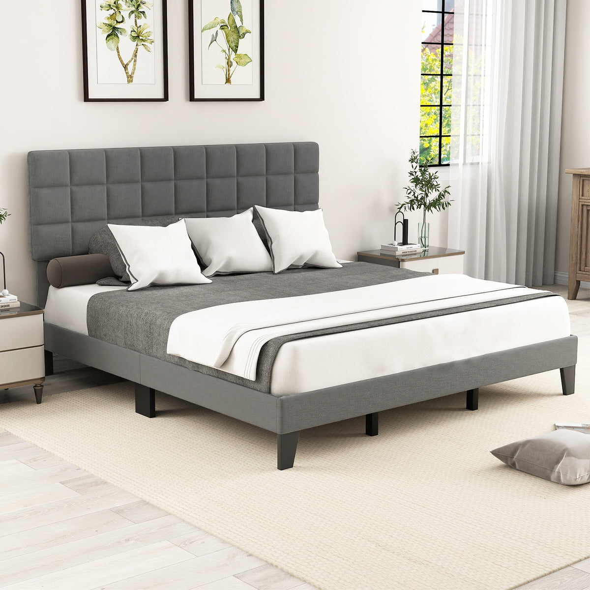 Modern Linen Bed Frame with Adjustable Headboard-Gray-Simple Bed Frame-DECOROLALA