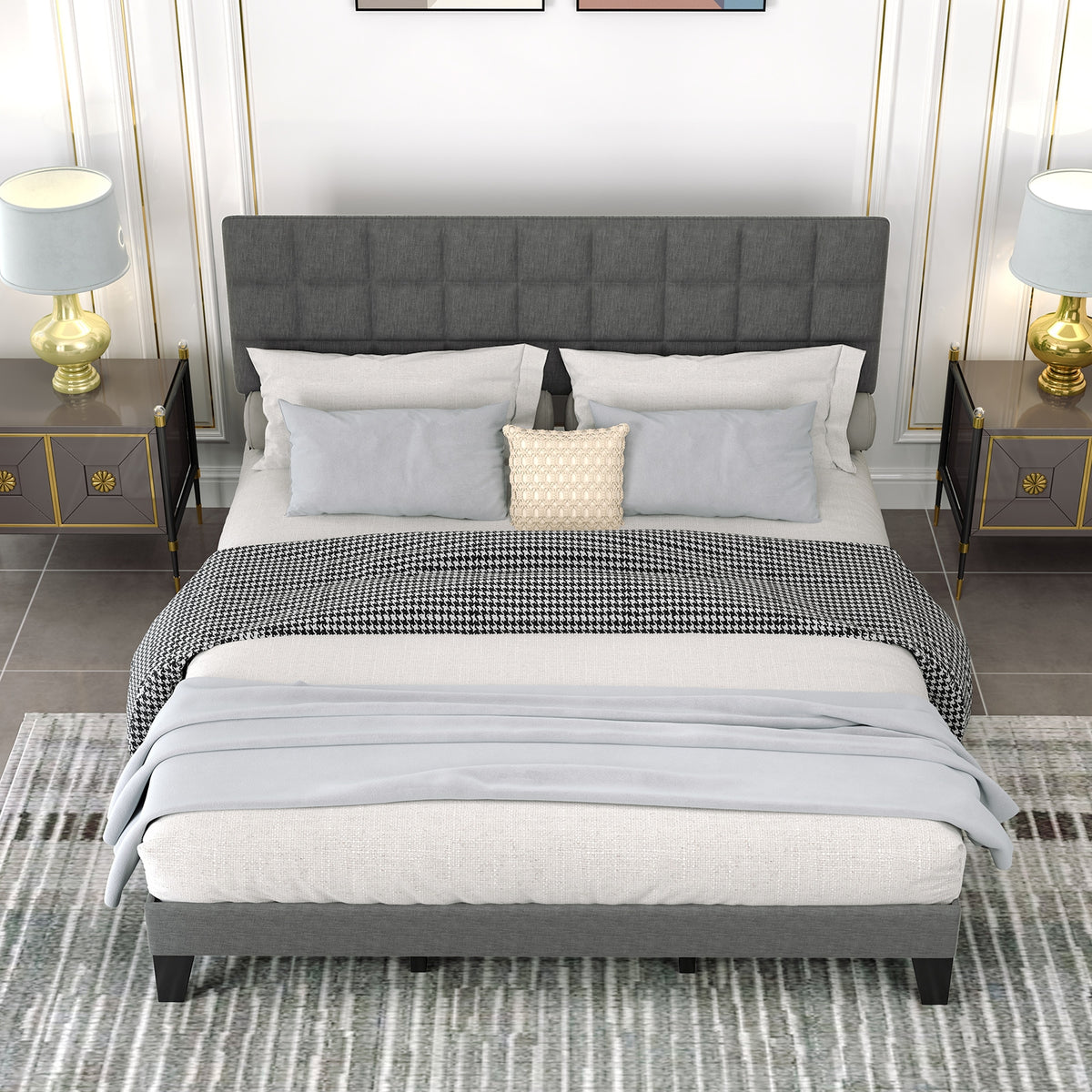 Modern Linen Bed Frame with Adjustable Headboard-Gray-Simple Bed Frame-DECOROLALA