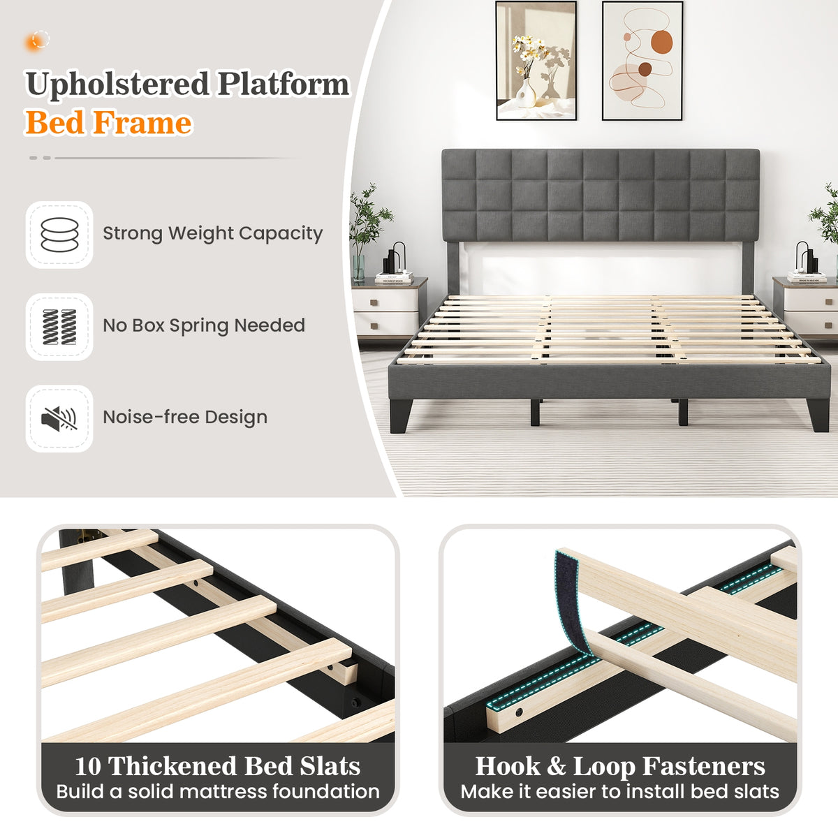 Modern Linen Bed Frame with Adjustable Headboard-Gray-Simple Bed Frame-DECOROLALA