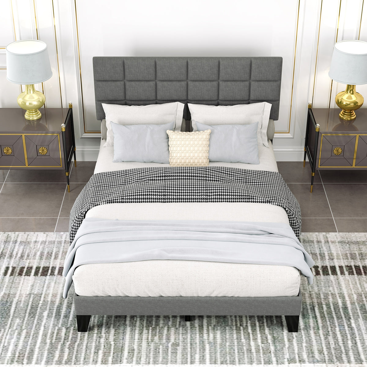 Modern Linen Bed Frame with Adjustable Headboard-Gray-Simple Bed Frame-DECOROLALA