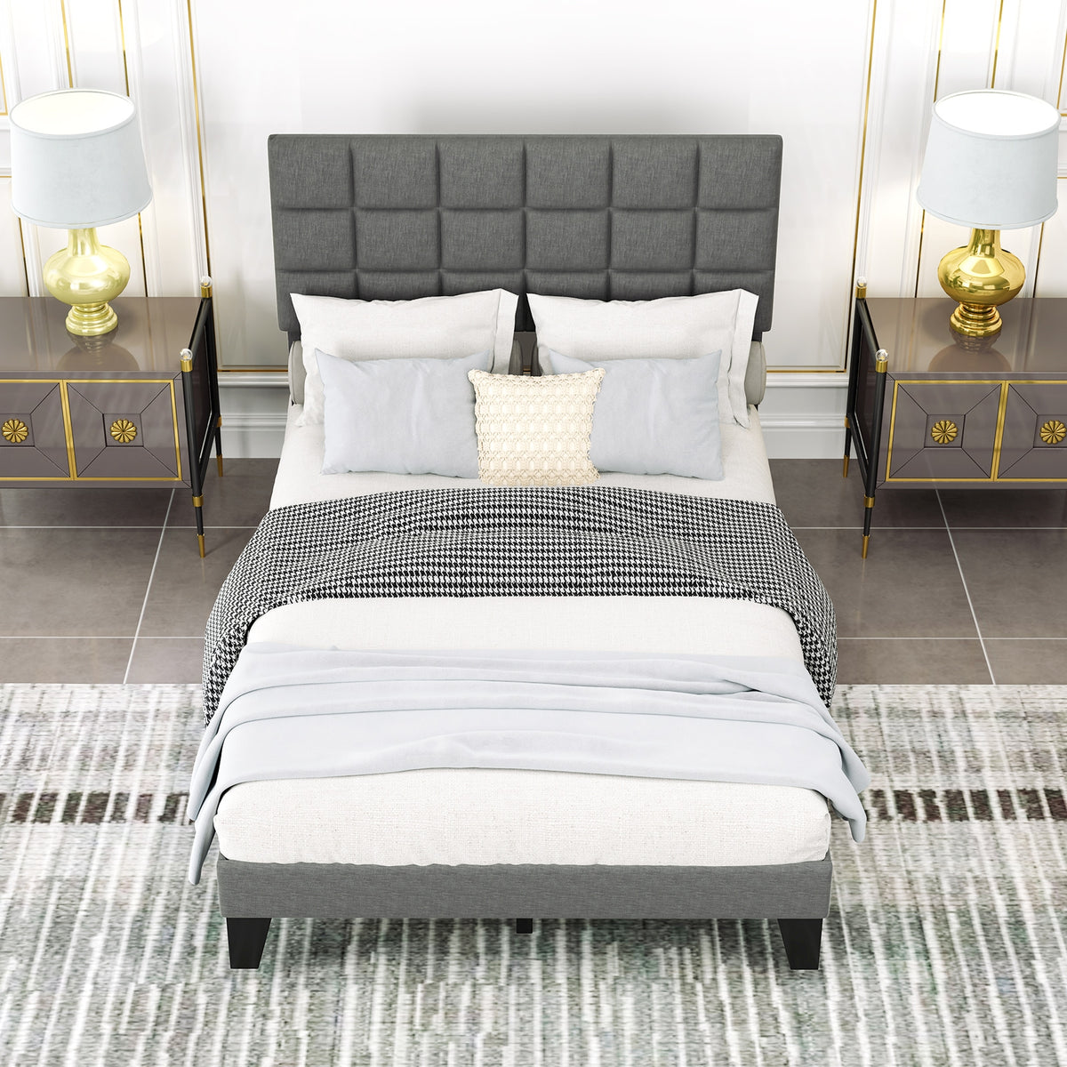 Modern Linen Bed Frame with Adjustable Headboard-Gray-Simple Bed Frame-DECOROLALA