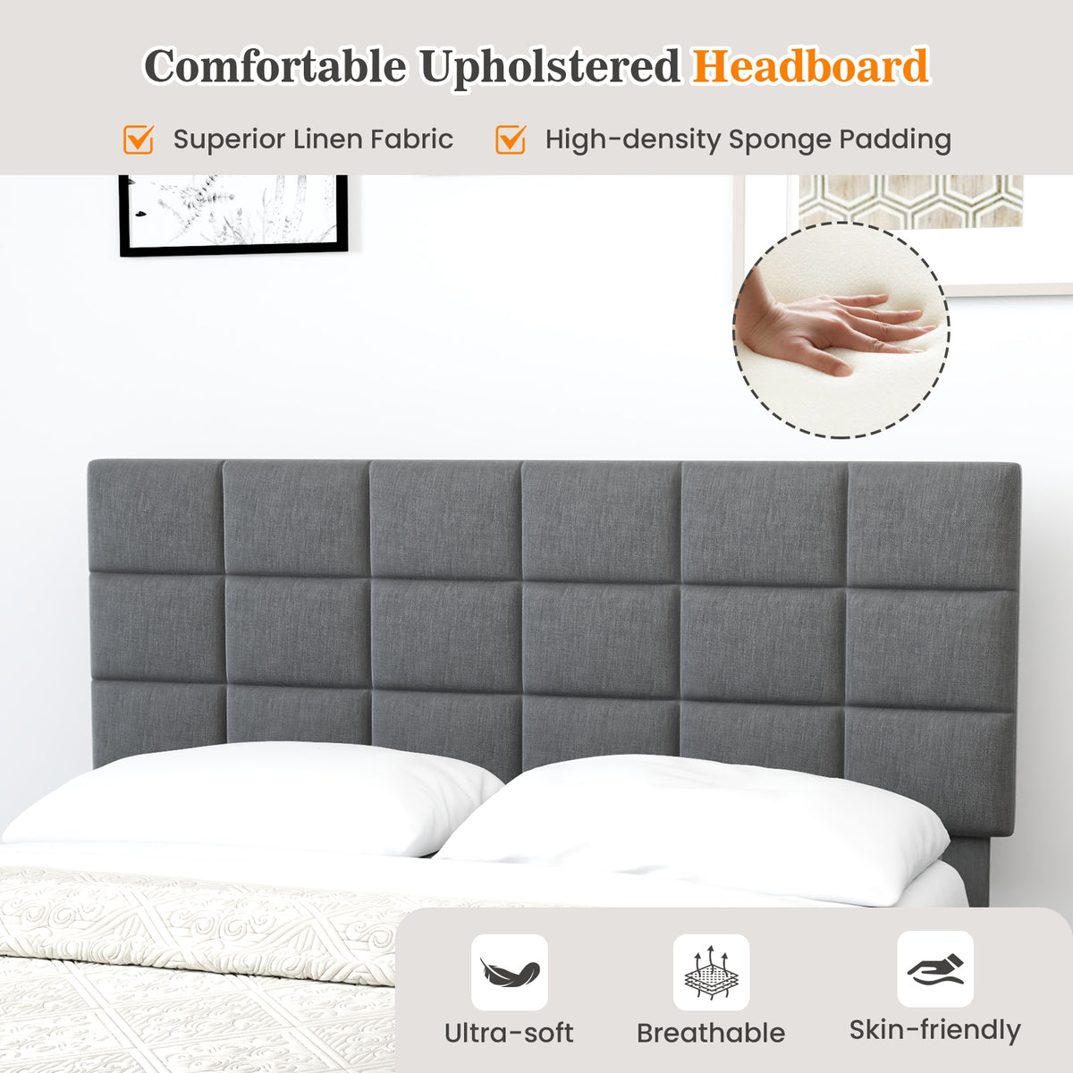 Modern Linen Bed Frame with Adjustable Headboard-Gray-Simple Bed Frame-DECOROLALA