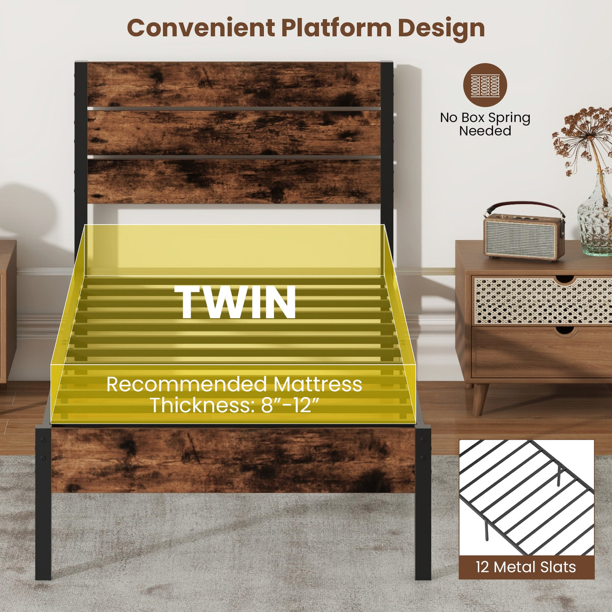 Bed Frame with High Headboard and Mute Bar-Simple Bed Frame-DECOROLALA