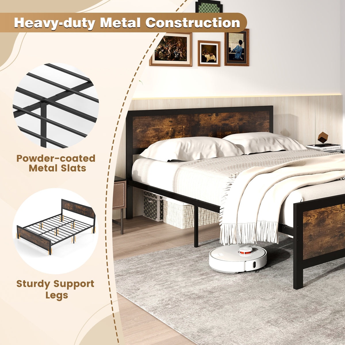Metal Bed Frame with Headboard and Footboard-Simple Bed Frame-DECOROLALA