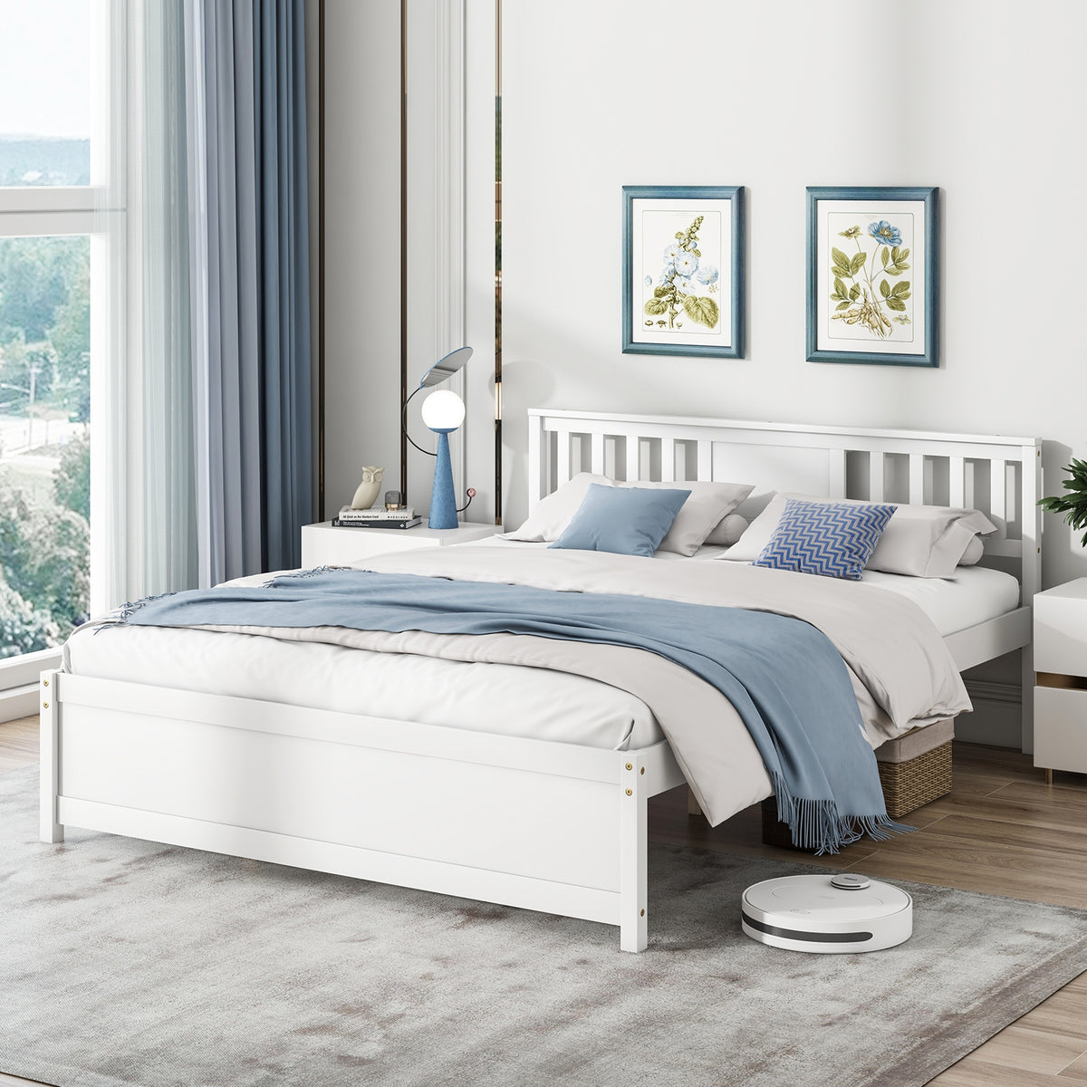 Wooden Platform Bed with Headboard and Wood Slat Support White-Simple Bed Frame-DECOROLALA