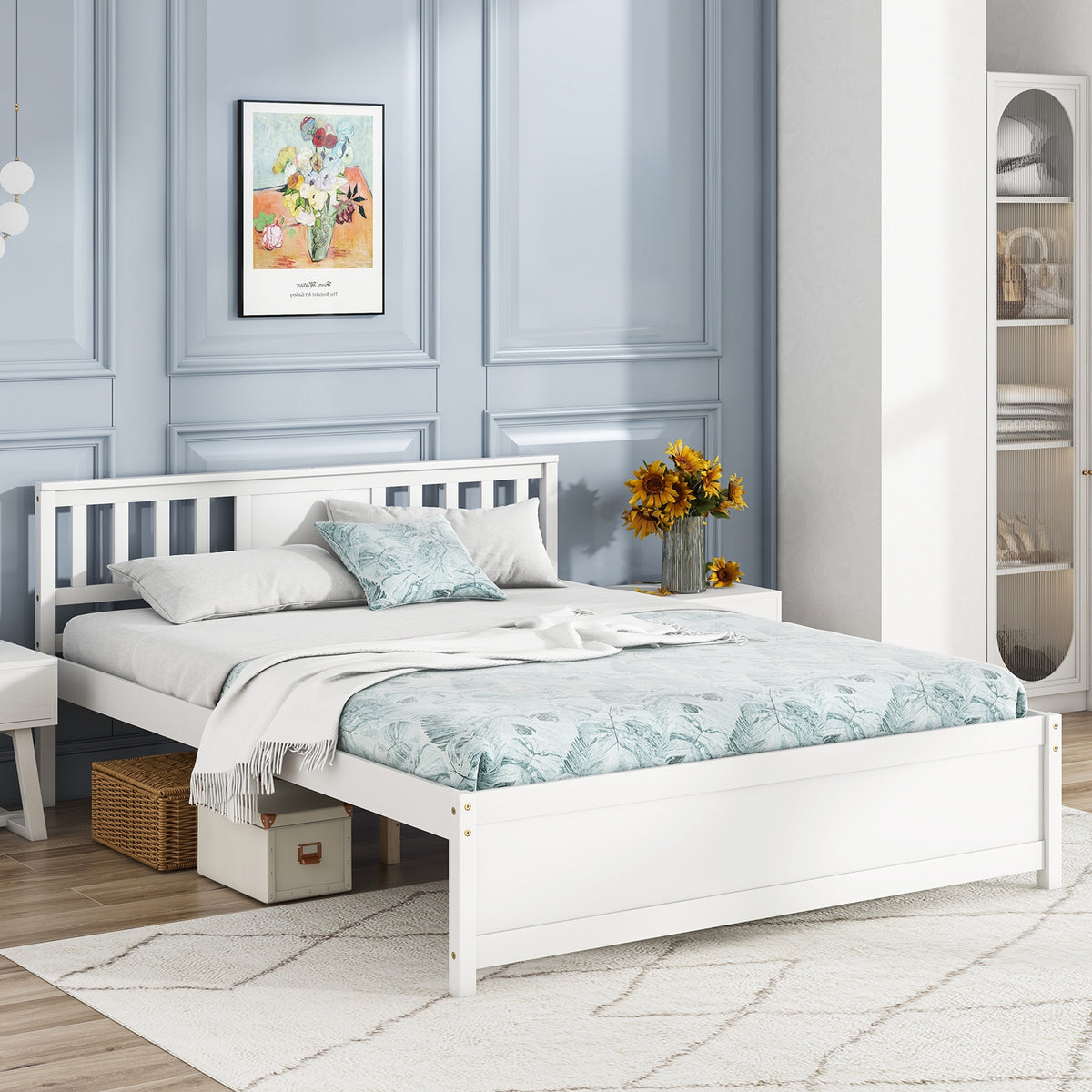 Wooden Platform Bed with Headboard and Wood Slat Support White-Simple Bed Frame-DECOROLALA