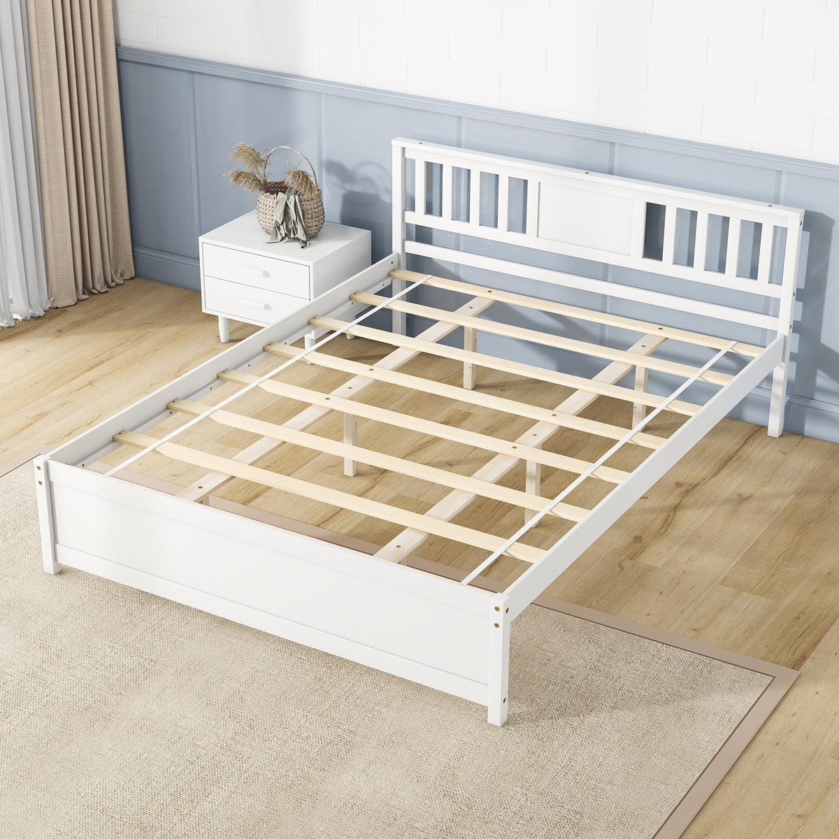 Wooden Platform Bed with Headboard and Wood Slat Support White-Simple Bed Frame-DECOROLALA