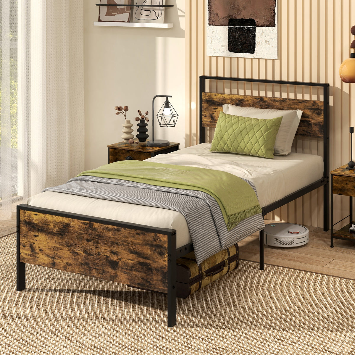 Metal Bed Frame Industrial Platform Bed with Wooden Headboard-Simple Bed Frame-DECOROLALA