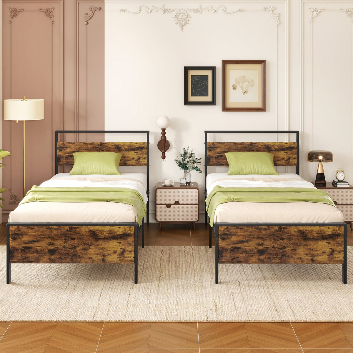 Metal Bed Frame Industrial Platform Bed with Wooden Headboard-Simple Bed Frame-DECOROLALA