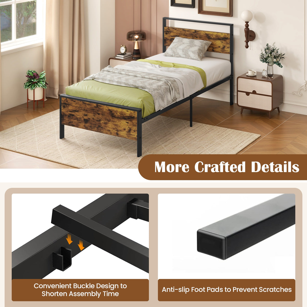 Metal Bed Frame Industrial Platform Bed with Wooden Headboard-Simple Bed Frame-DECOROLALA