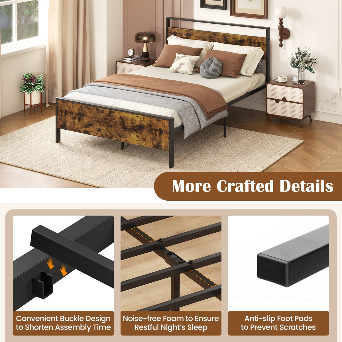 Metal Bed Frame Industrial Platform Bed with Wooden Headboard-Simple Bed Frame-DECOROLALA