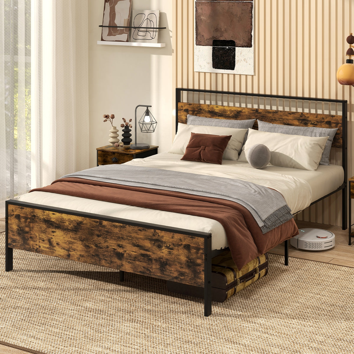 Metal Bed Frame Industrial Platform Bed with Wooden Headboard-Simple Bed Frame-DECOROLALA