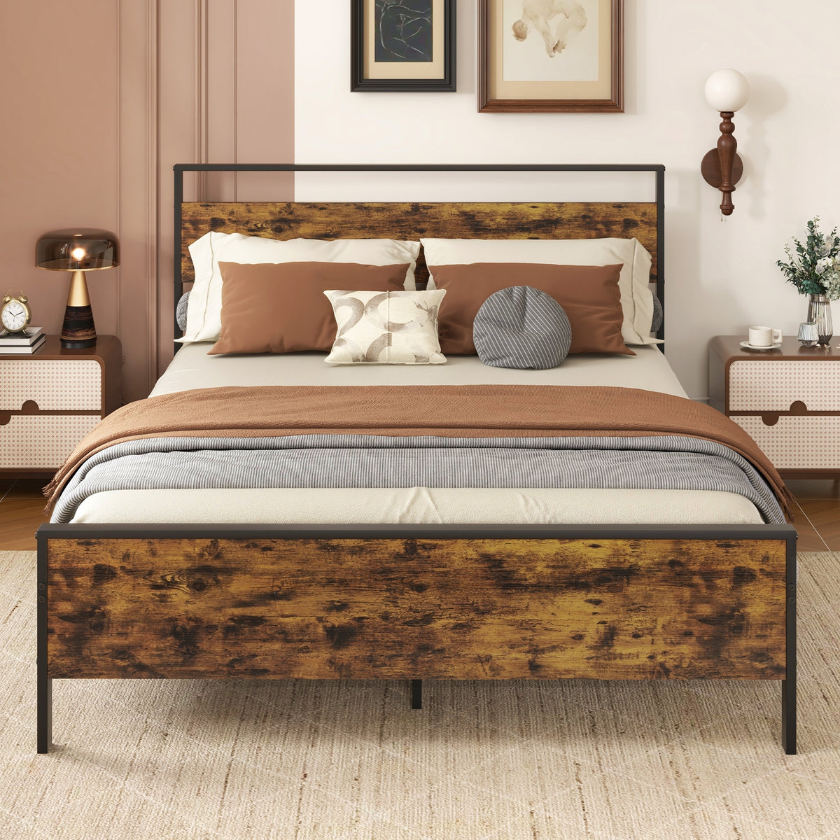 Metal Bed Frame Industrial Platform Bed with Wooden Headboard-Simple Bed Frame-DECOROLALA