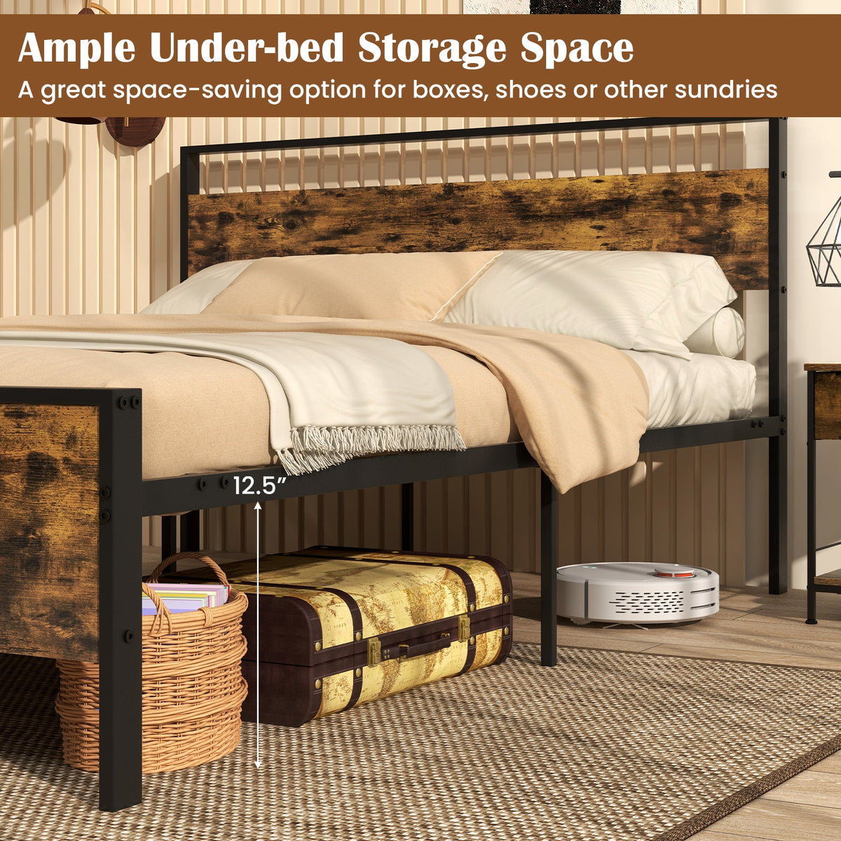 Metal Bed Frame Industrial Platform Bed with Wooden Headboard-Simple Bed Frame-DECOROLALA