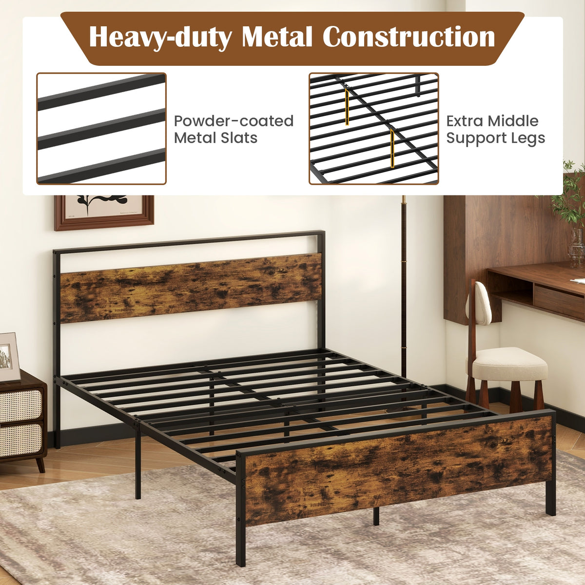 Metal Bed Frame Industrial Platform Bed with Wooden Headboard-Simple Bed Frame-DECOROLALA