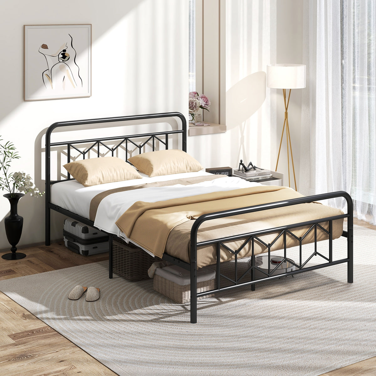 Platform Bed with High Headboard and Snap Lock Metal Slats-Simple Bed Frame-DECOROLALA