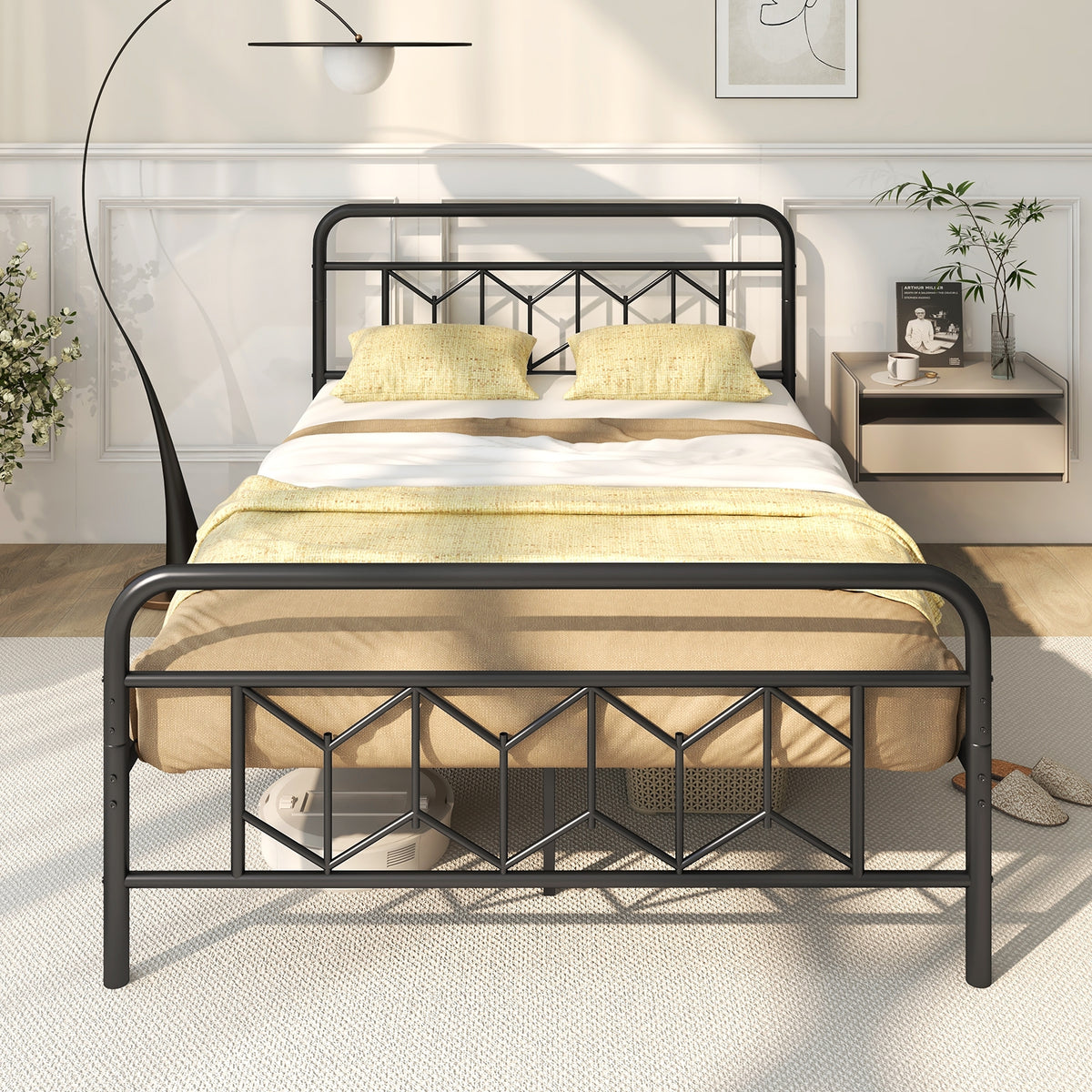 Platform Bed with High Headboard and Snap Lock Metal Slats-Simple Bed Frame-DECOROLALA