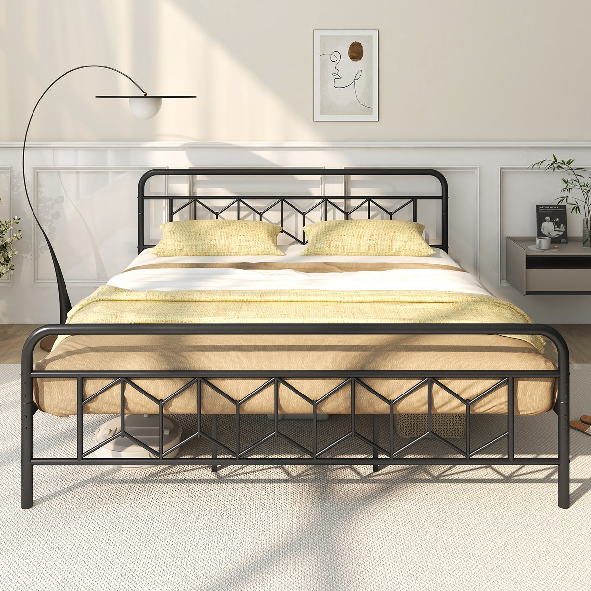 Platform Bed with High Headboard and Snap Lock Metal Slats-Simple Bed Frame-DECOROLALA