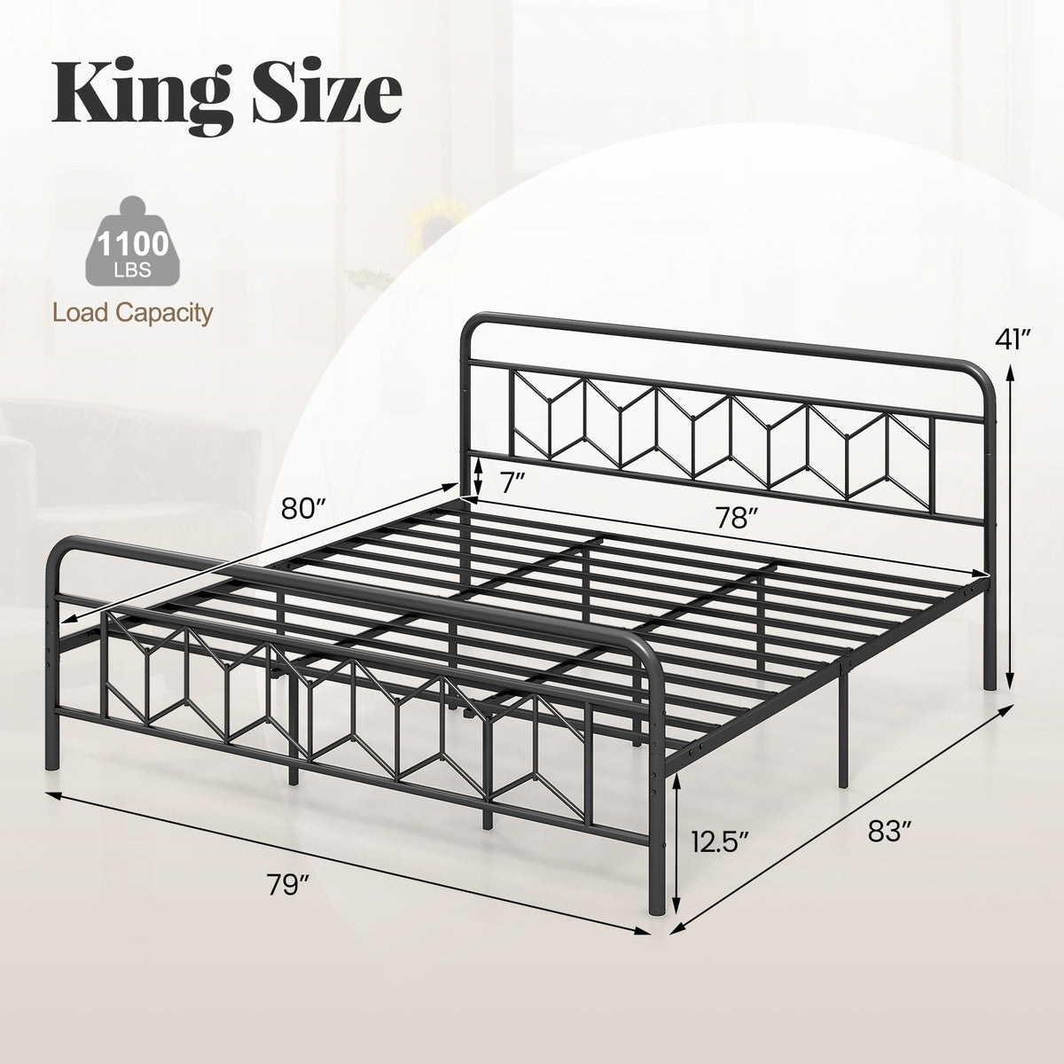 Platform Bed with High Headboard and Snap Lock Metal Slats-Simple Bed Frame-DECOROLALA