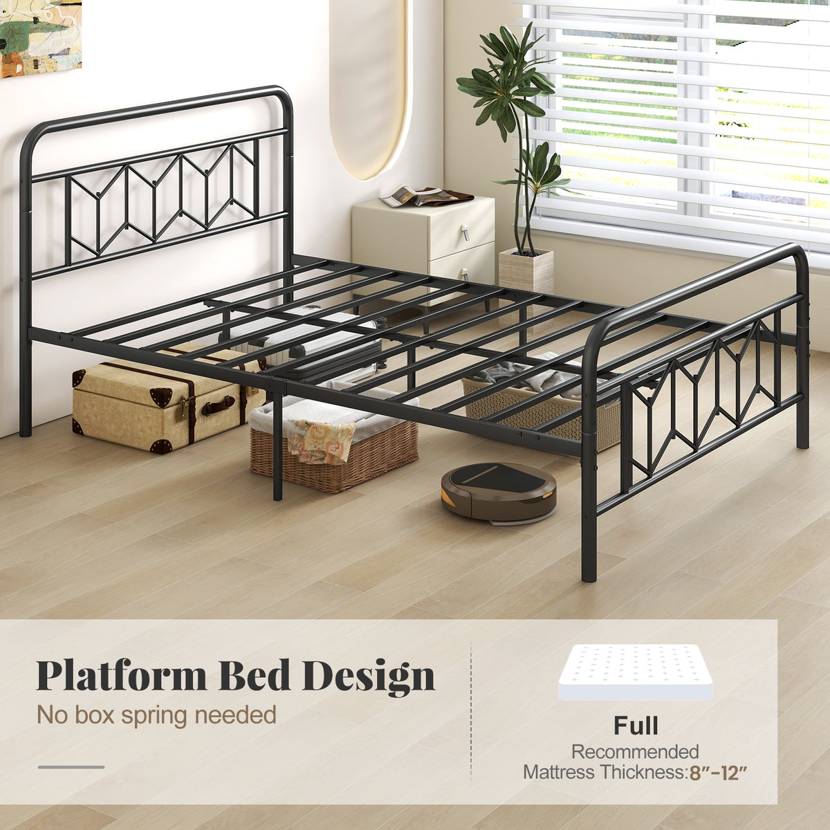 Platform Bed with High Headboard and Snap Lock Metal Slats-Simple Bed Frame-DECOROLALA