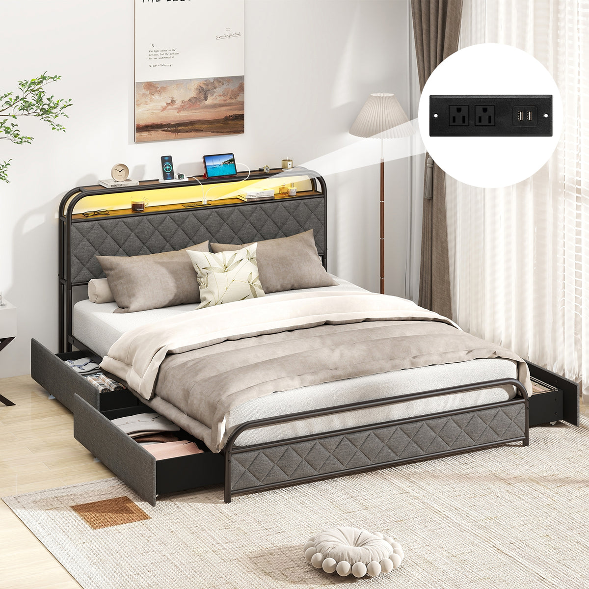 Bed Frame with LED Lights and Charging Station-Simple Bed Frame-DECOROLALA