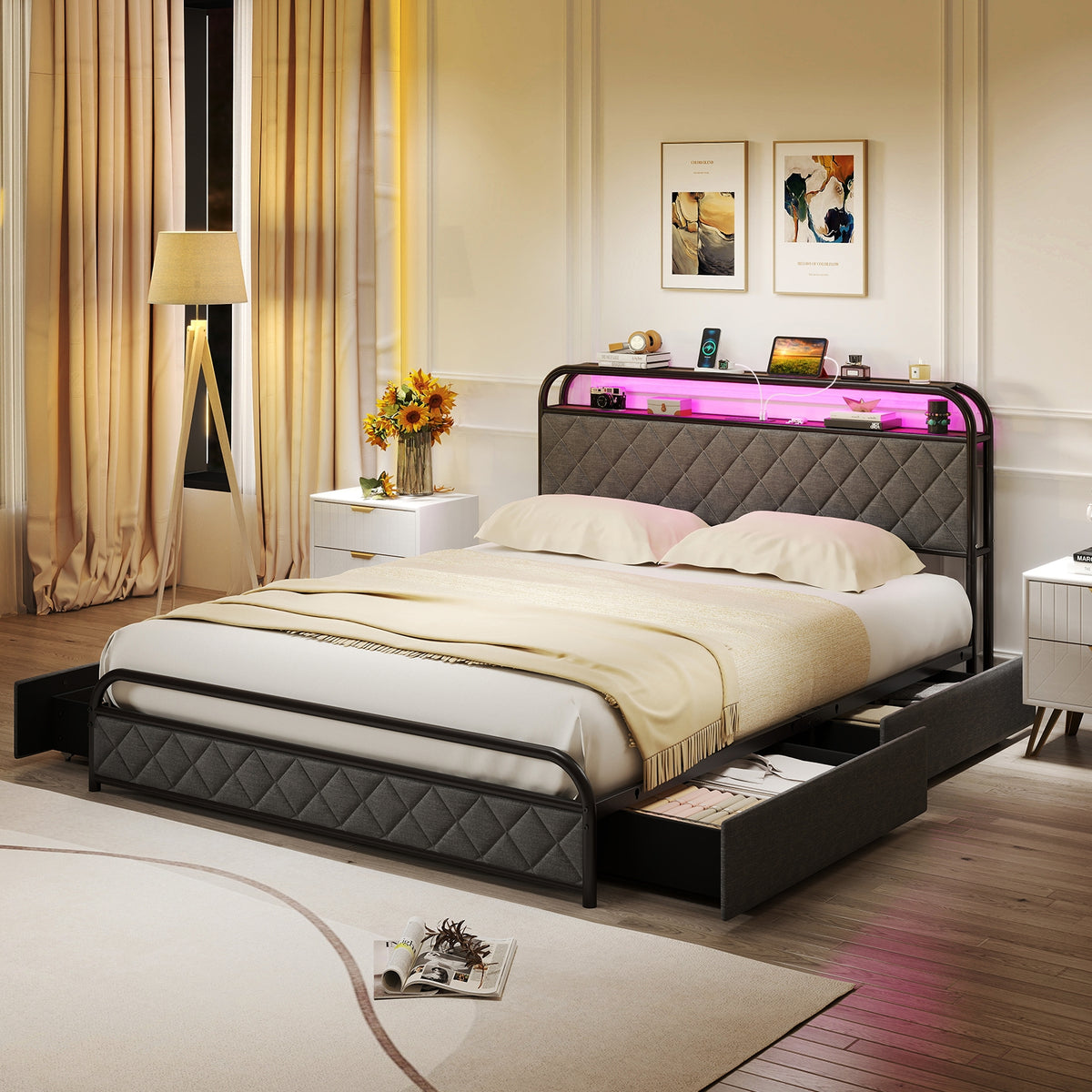 Bed Frame with LED Lights and Charging Station-Simple Bed Frame-DECOROLALA