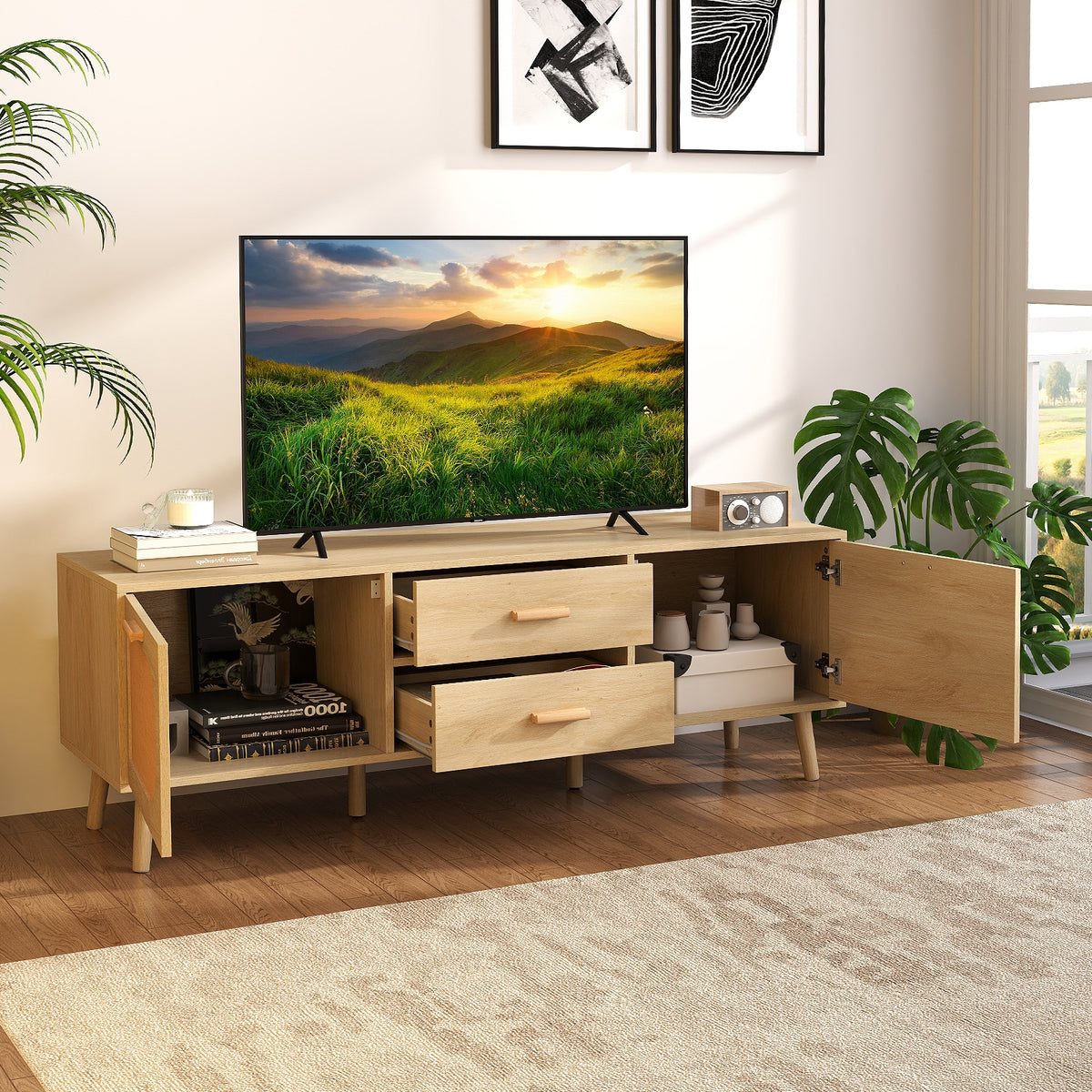 Rattan TV Stand for 65-Inch TV with Drawers and Solid Wood Legs-Natural-Entertainment Centers & TV Stands-DECOROLALA