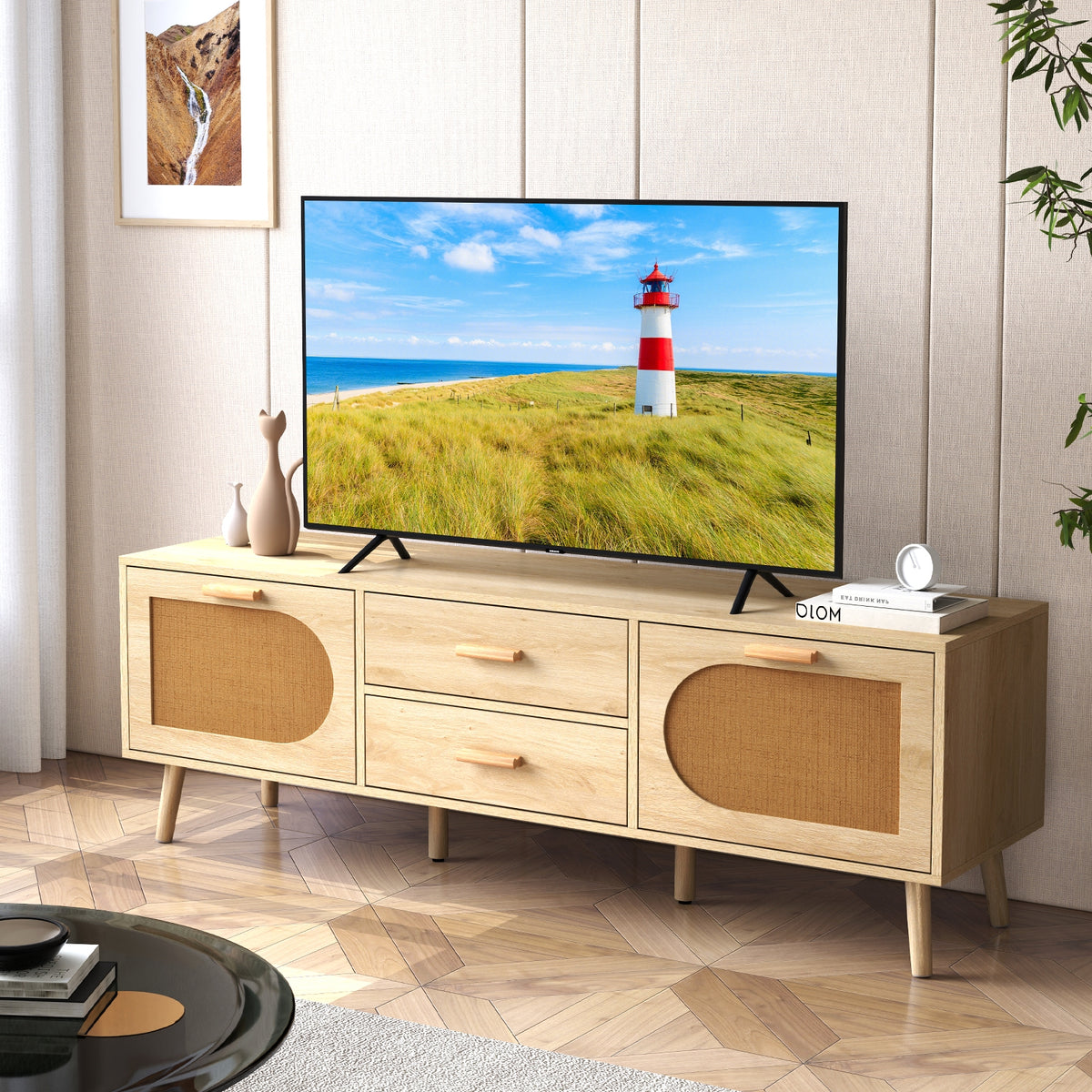 Rattan TV Stand for 65-Inch TV with Drawers and Solid Wood Legs-Natural-Entertainment Centers & TV Stands-DECOROLALA
