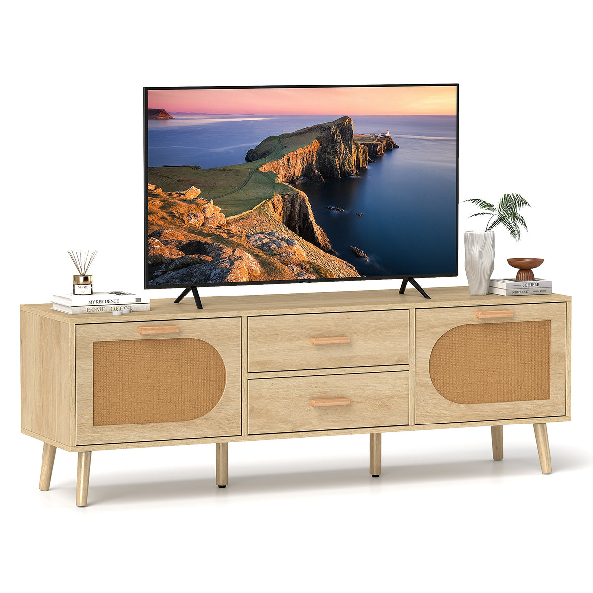 Rattan TV Stand for 65-Inch TV with Drawers and Solid Wood Legs-Natural-Entertainment Centers & TV Stands-DECOROLALA