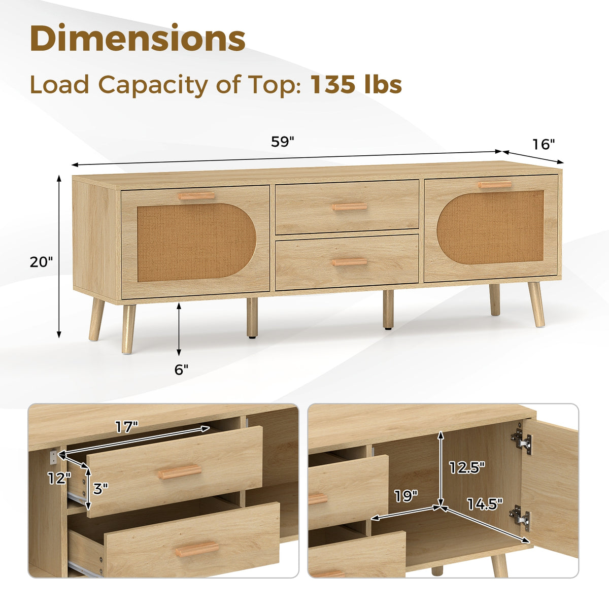 Rattan TV Stand for 65-Inch TV with Drawers and Solid Wood Legs-Natural-Entertainment Centers & TV Stands-DECOROLALA
