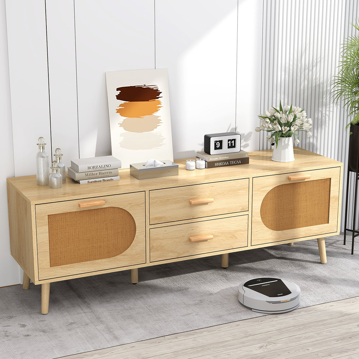 Rattan TV Stand for 65-Inch TV with Drawers and Solid Wood Legs-Natural-Entertainment Centers & TV Stands-DECOROLALA