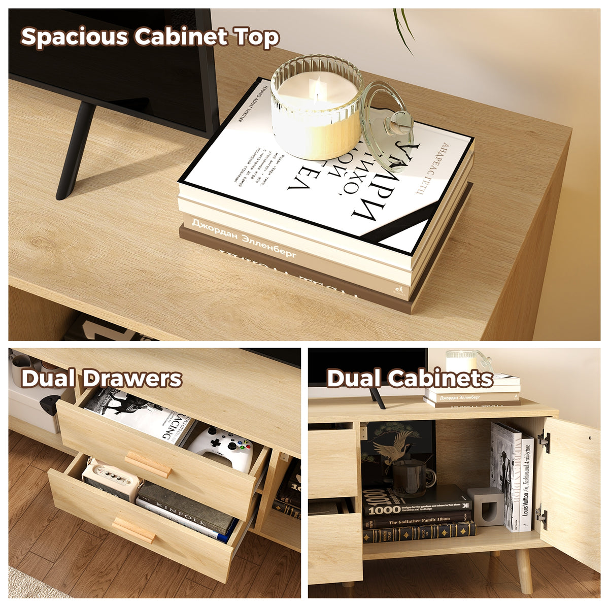 Rattan TV Stand for 65-Inch TV with Drawers and Solid Wood Legs-Natural-Entertainment Centers & TV Stands-DECOROLALA