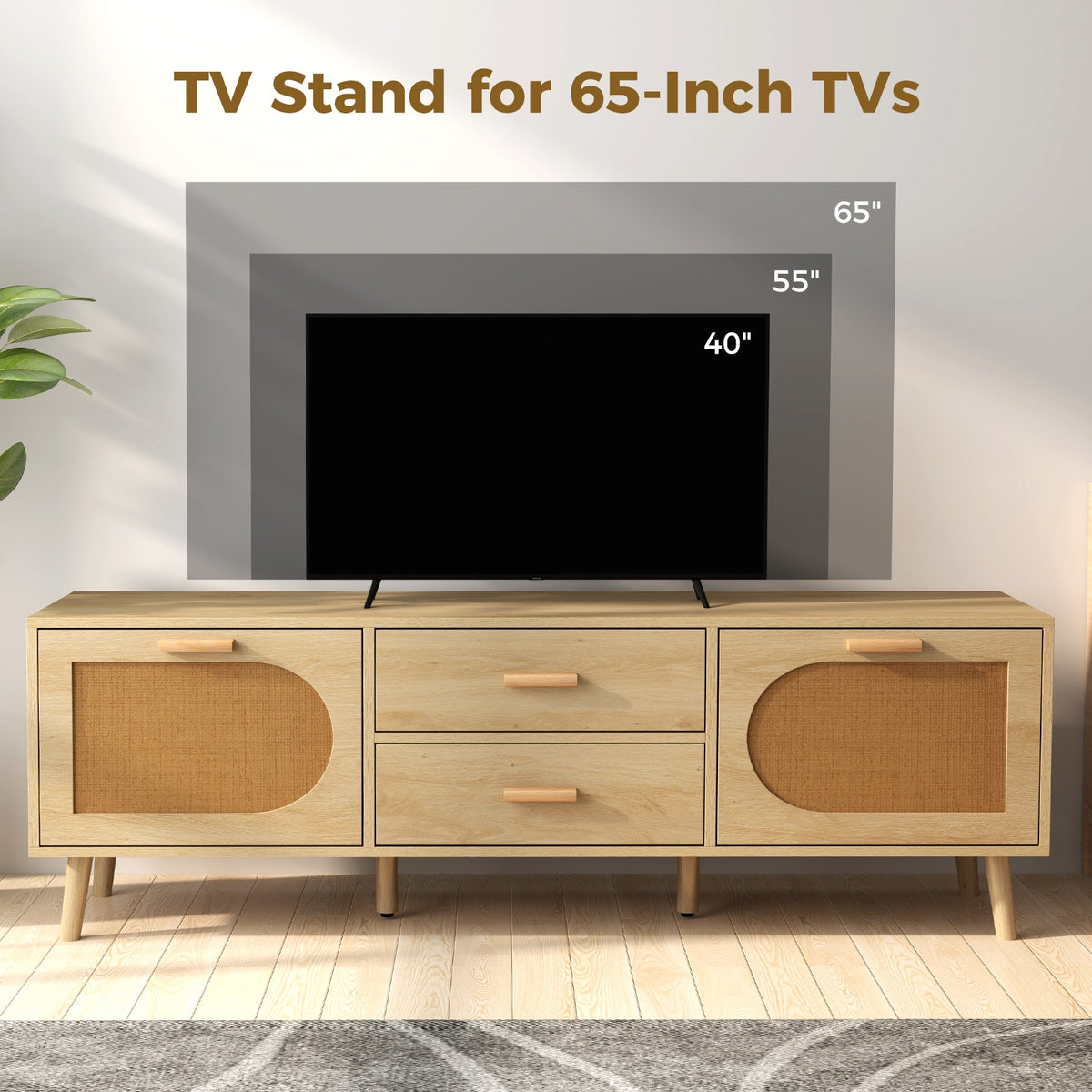 Rattan TV Stand for 65-Inch TV with Drawers and Solid Wood Legs-Natural-Entertainment Centers & TV Stands-DECOROLALA